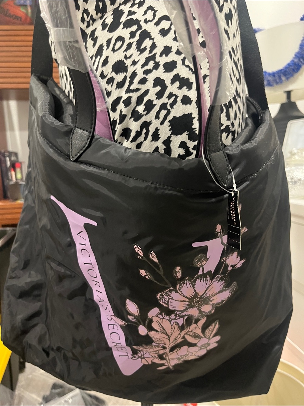 Victoria's Secret Black Tote with Light Pink Floral Logo and Pink Handles